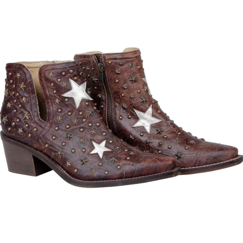Myra Bag Brown and White Ankle Booties with Intricate Cutouts